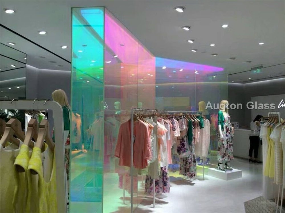 Dichroic laminate: the color is interference, so it never fades and shifts with the viewing angle.